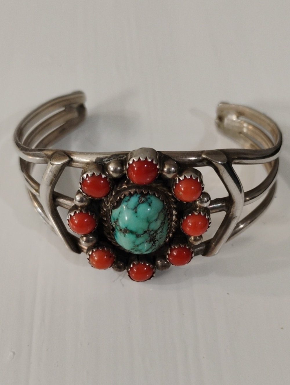 Sterling Silver Turquoise and Coral Cluster Cuff Bracelet